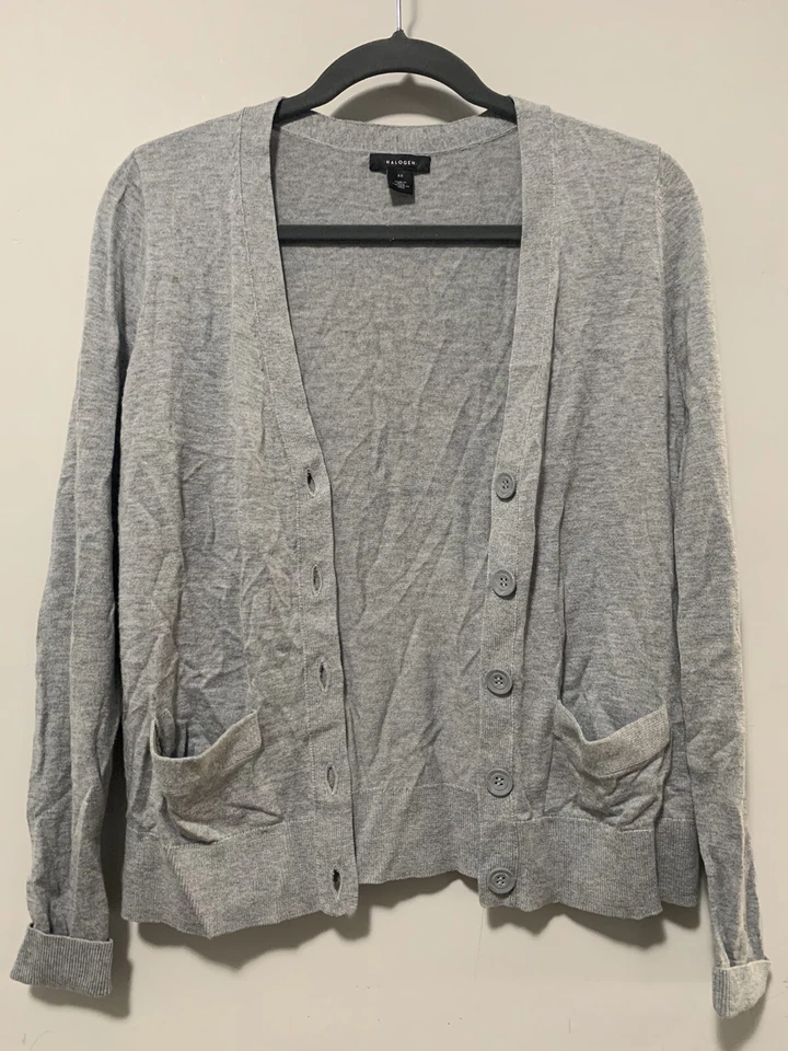 Halogen Nordstrom Women XS Gray V Neck Knit Cardigan Sweater Stretch Button Down - Image 2 of 4