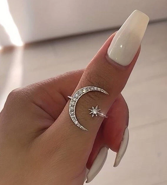 Mond und Stern Ring mit Strass silber größenverstellbar Einheitsgröße Halbmond