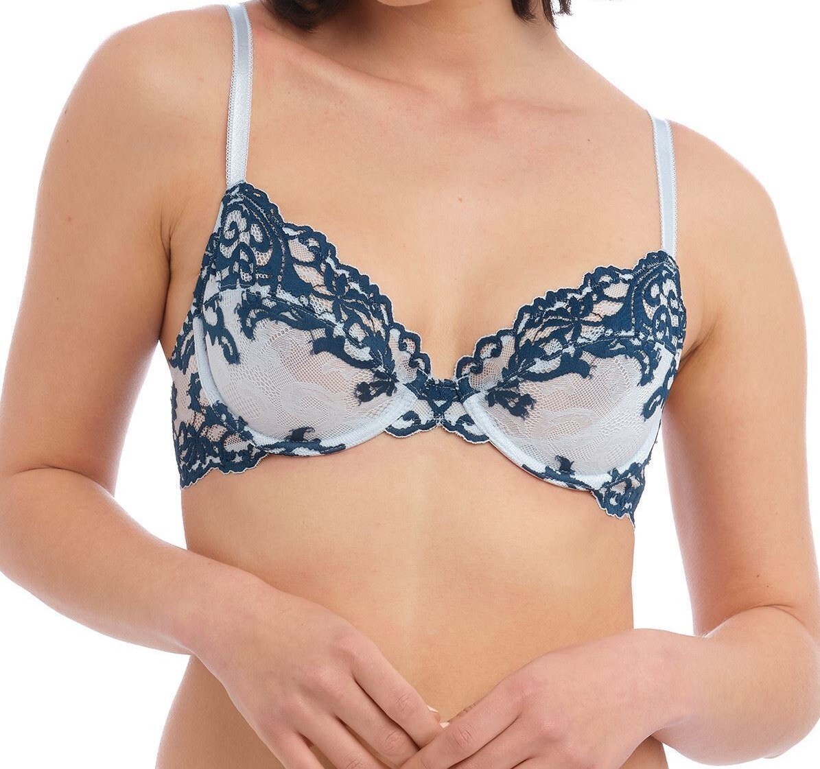 Wacoal Instant Icon Bra 32D Artic Ice Titan Blue Lace Underwired Plunge 851322