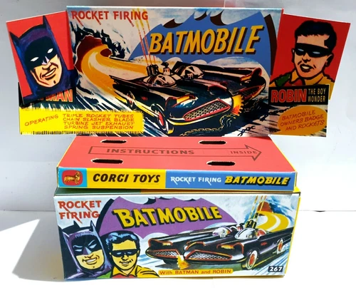 Repro Batman 1966 Corgi 267 Batmobile Diecast Model Grey Card Box with Extras