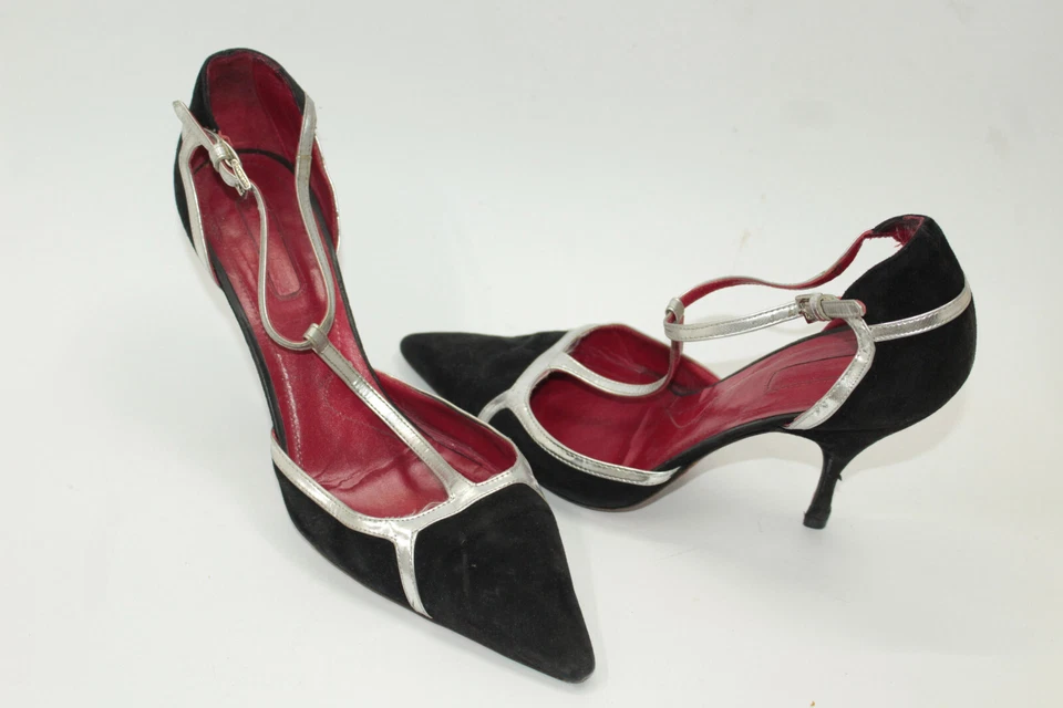 Sapatos femininos CESARE PACIOTTI tamanho 8.5 Europa 39 camurça preta couro prata S9222 - Imagem 2 de 4