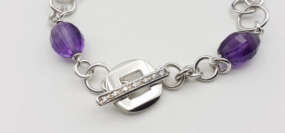 Bracciale Ametista argento 925 diamanti gioiello donna catena chiusura a T - Immagine 4 di 4