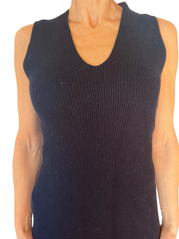 VINCE PUNTO ACANALADO LANA NEGRO SIN MANGAS TANQUE SUÉTER AJUSTE ACAMPANADO MIDI VESTIDO MEDIANO Foto 4 de 4
