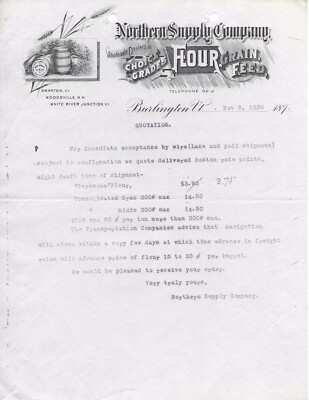 #ad 1895 LETTERHEAD NORTHERN SUPPLY COMPANY FLOUR GRAIN amp; FEED BURLINGTON VERMONT $29.99