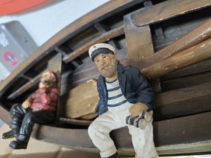  Exceptional  Rare Handmade Sailboat W/ Oars+Sailors.