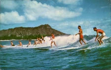 Surfing and Canoeing at Waikiki Honolulu Hawaii c1960s Postcard