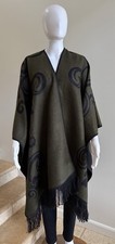 Reversible Fringe Hem Shawl Cape Wrap Poncho, Black/Green