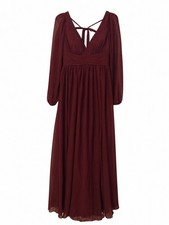 Azazie Norah Cabernet V-Neck Long Sleeve Backless Back Tie Maxi Dress US4 In Bag