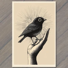 Art Print Sunburst Bird Hand Holding Orange Black Spiritual Mystical Surreal Art