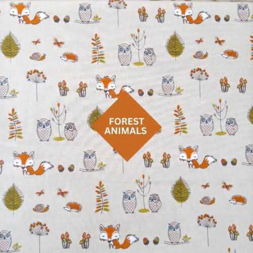 WOODLAND ANIMALS FABRIC, FOREST ANIMALS COTTON FABRIC, FOX FABRIC, OWL FABRIC