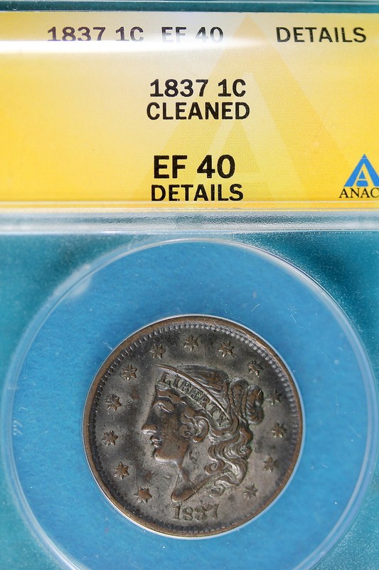 1837 ANACS EF40 Details Cleaned Coronet Head Large Cent!! #B5760