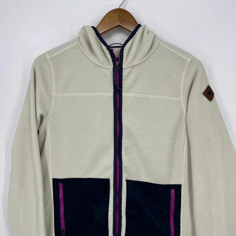 Burton Fleece Jacket Men's Size S Cream Full Zip Pockets Hooded Outdoors - Image 2 of 4