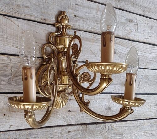 Vintage Mid Century Brass Hollywood Regency 3 Arm Candelabra Wall Light Sconce - Picture 1 of 10