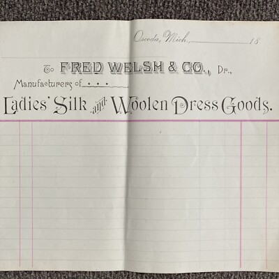 1800's Ephemera Oscoda, Mich MI Order Receipt Form Fred Welsh & Co. Ladies Dress