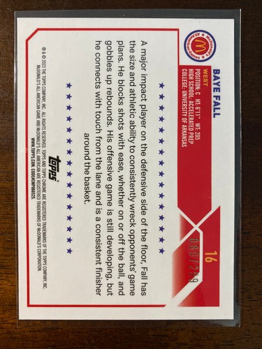 2023 Topps cromo McDonald's All American Baye otoño #16 refractor de lava/299 - Imagen 2 de 2