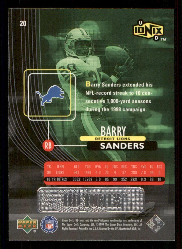 1999 UD Ionix #20 Barry Sanders - Image 2 of 2