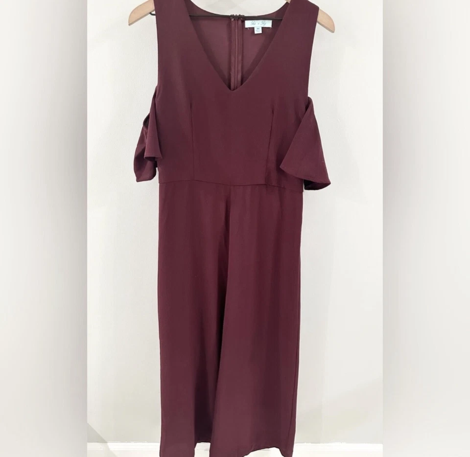 Mono She + Sky Hombro Frío Pierna Ancha Borgoña Talla Mediana Foto 2 de 4