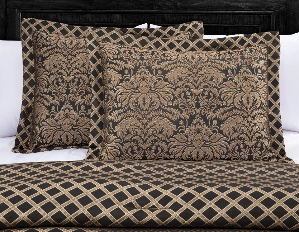 Juego de Edredón Floral Jacquard Negro/Dorado Chezmoi Collection Lisboa 7 Piezas Foto 2 de 4