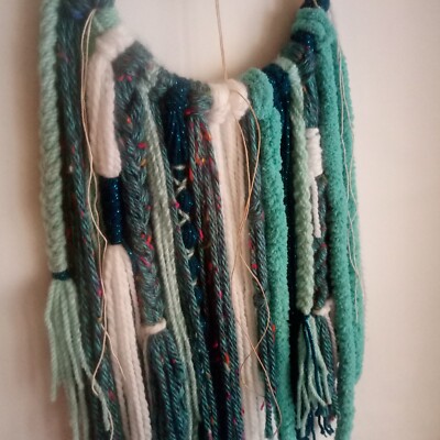 Wall Hanging Yarn Art Boho Macrame Blue White 