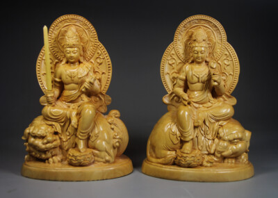QH059ca - 12.5*8.6*6 CM Hand Carved Boxwood Carving : Pair Bodhisattva Manjusri