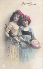 PRETTY YOUNG GIRLS~COLORFUL DRESSES-DYED EGGS~JOYEUSES PAQUES~1911 PHOTO POSTCRD