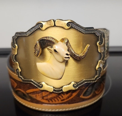 Vintage Raintree Big Horn Brass Belt Buck w Hand Tooled Leather Belt Sz 34