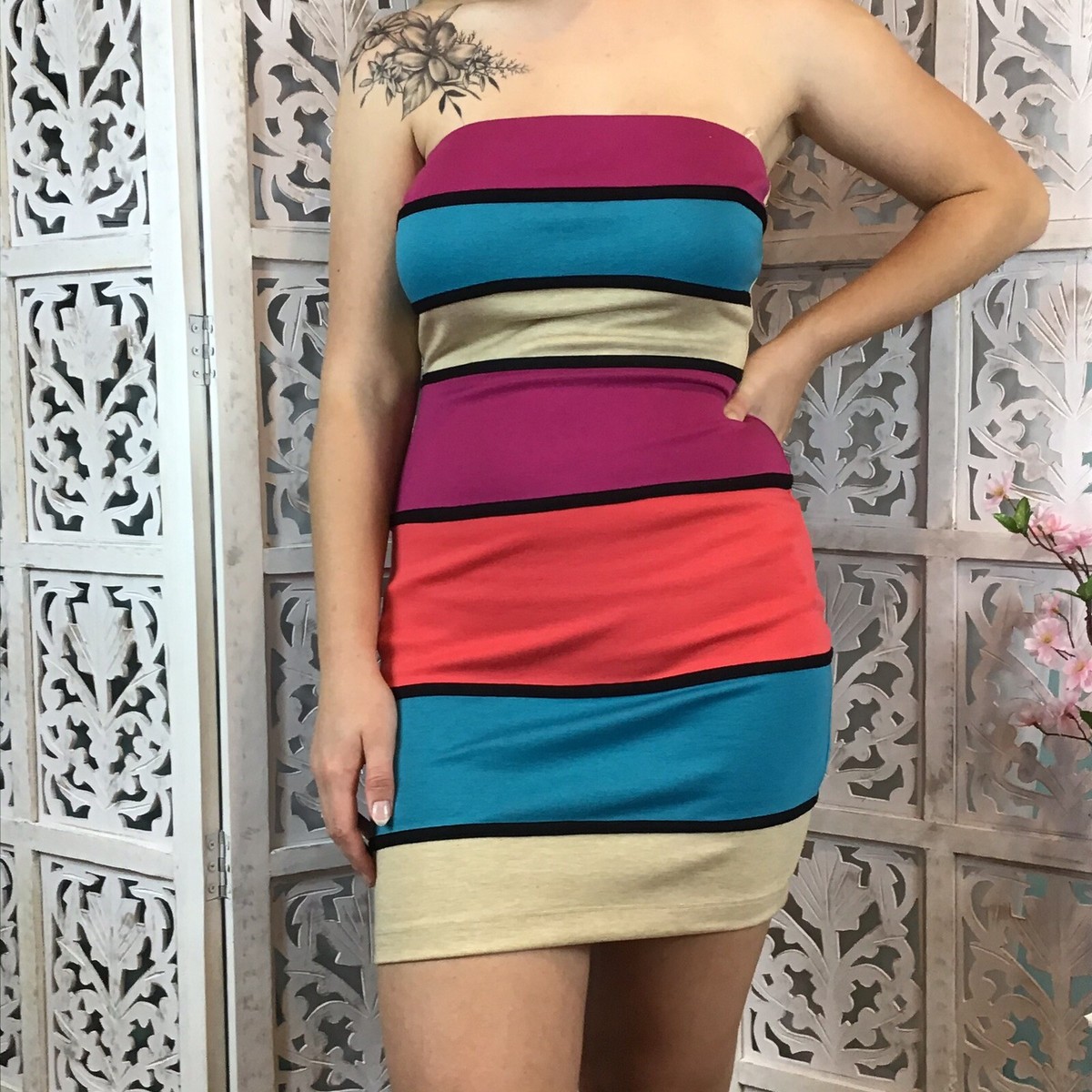Mystic Brand Color Block Strapless Short Fitted Sheath Bodycon Dress Size  Large