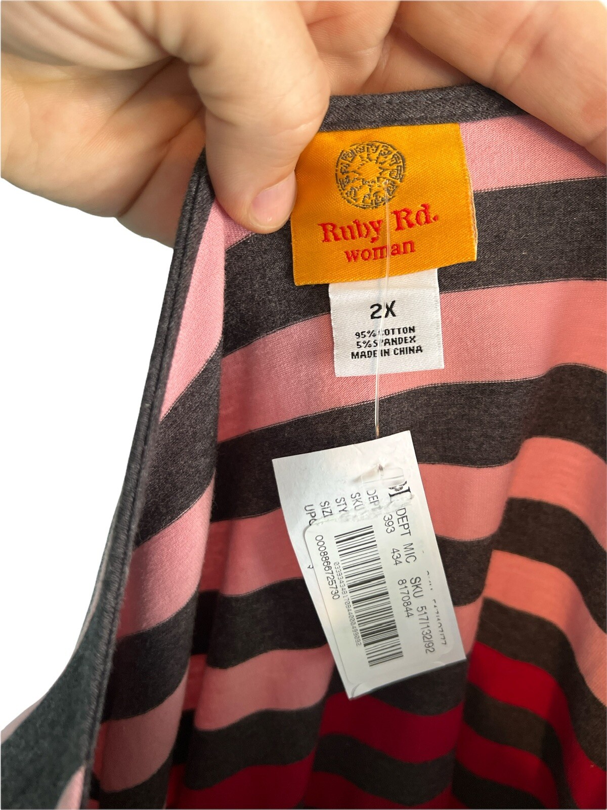 2X Ruby Rd. Blouse Shirt Multi-Stripe Pink Red Gray 3/4 Sleeve Plus ...