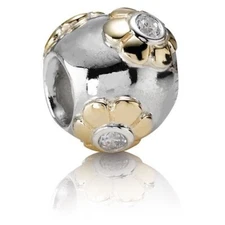 Pandora SS & 14K Gold Raised Flower Bead with Clear Zirconia - 790207CZ