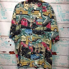 Paradise Found Route 66 Vtg Cars Mens Hawaiian Shirt XL USA Hawaii Aloha Black