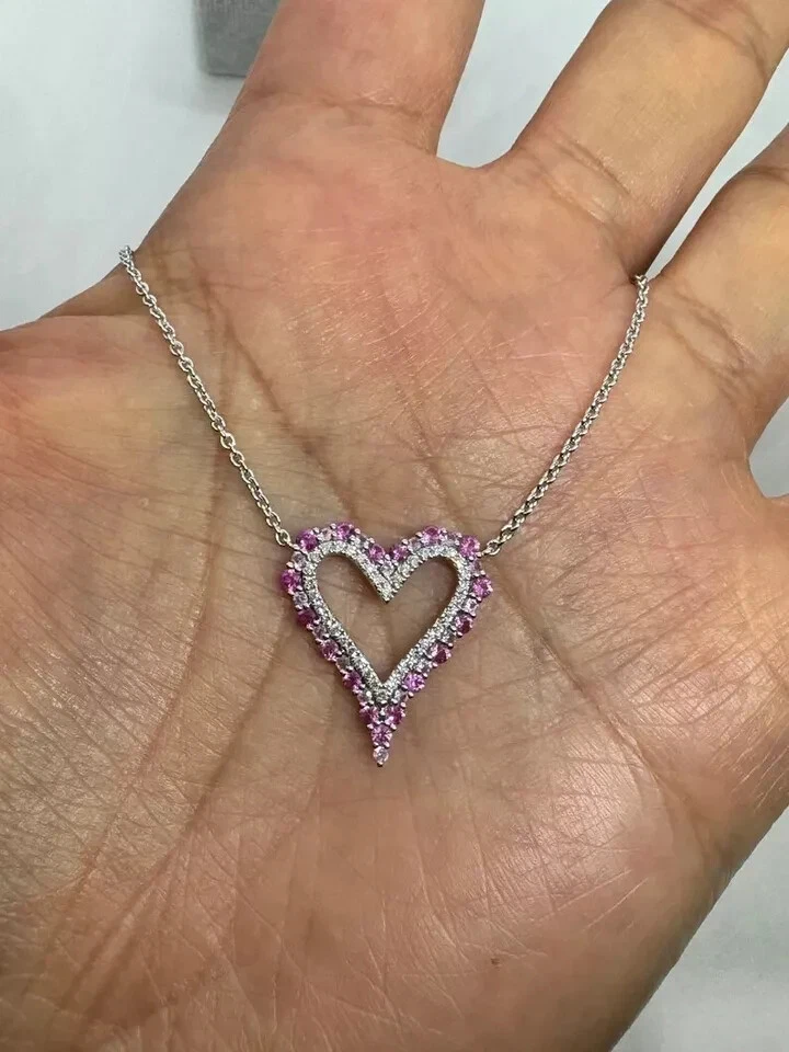 Colgante Corazón Zafiro Rosa Creado en Laboratorio Corte Redondo 2 CT Chapado en Oro Blanco 18" 14K Foto 3 de 4