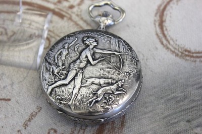 Schöne rare antike Hebdomas 8 Tage Taschenuhr mit Jagd Motiv pocket watch