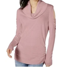 Hooked Up Sweater Womens Large Pink Rose Cold Shoulder Cowl Neck Laced Sleeves