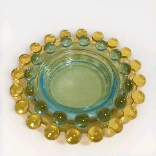 2 Vtg. MCM Pale Blue/Yellow Nesting Candlewick Round Hobnail Glass Ashtrays 
