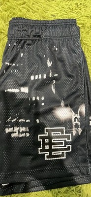 Eric Emanuel Men's Mesh Athletic Shorts Black/White Logo Print Size M Drawstring