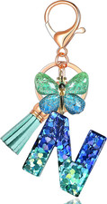 Initial letter Keychains for Women Tassel Butterfly Pink Purple Cute Car Keychai