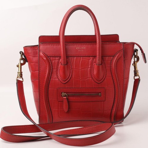 Auth CELINE Luggage Nano 2way Shoulder Bag Handbag Red Leather w/ Shoulder strap