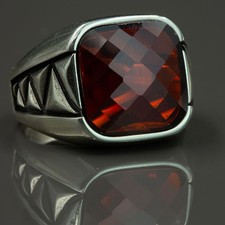 Red Garnet Gemstone 925 Sterling Silver Engraved Men's Ring