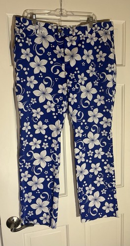 Royal & Awesome Women’s Golf Pants Hawaii Five-O Blue White Floral Hibiscus 18 - Picture 19 of 22