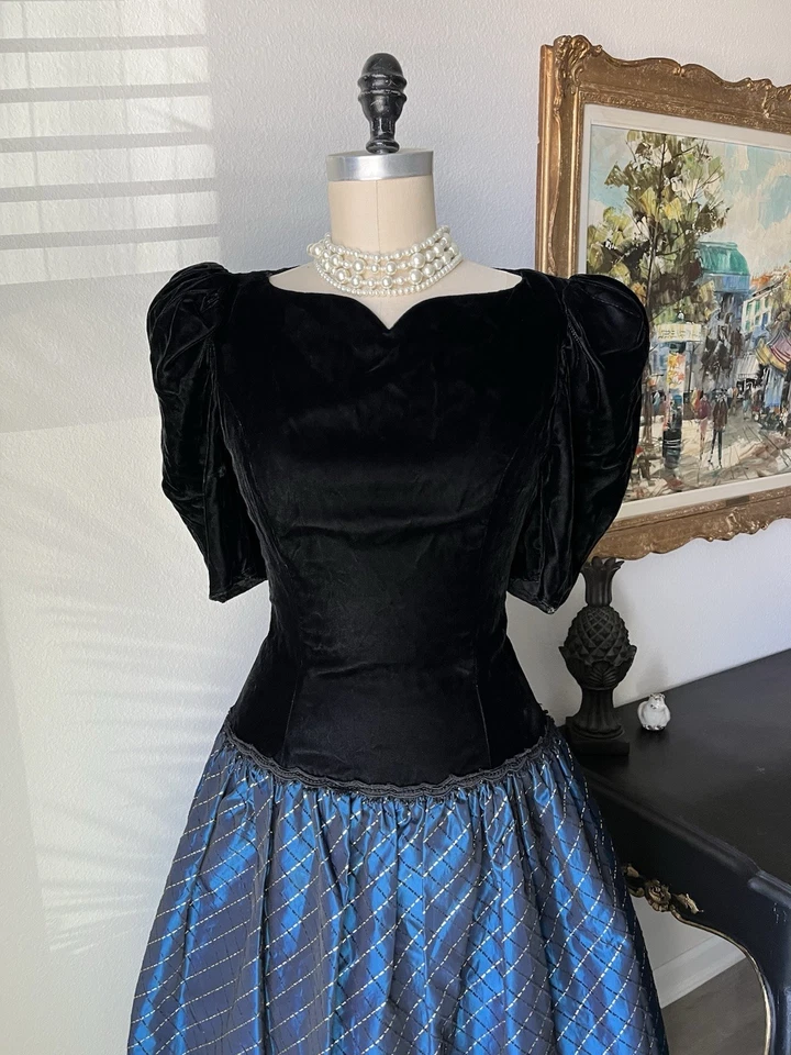 Vestido De Colección Años 80 Scott McClintock Negro Terciopelo y Azul Tafetán Cuadros Cóctel Fiesta Foto 2 de 4