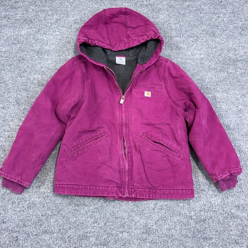 Carhartt Jacket Girls S (7-8) Pink Canvas Insulated Fleece Lined Hooded Full Zip