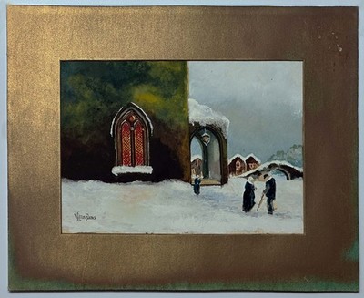 Original Vintage Sammlerstück Snowy Village Szene Aquarell, in Gold montiert