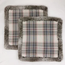 2 Pottery Barn Jasper Plaid Gray Faux Fur Trim 20x20 Pillow Covers Christmas NEW
