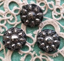 Vtg Le Chic 3 Victorian Black Glass Button W/Silver Luster Floral Shank Button