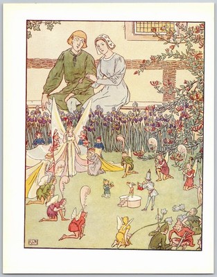Vintage Children's Print - Tom Thumb - Couple in Garden with Faries
