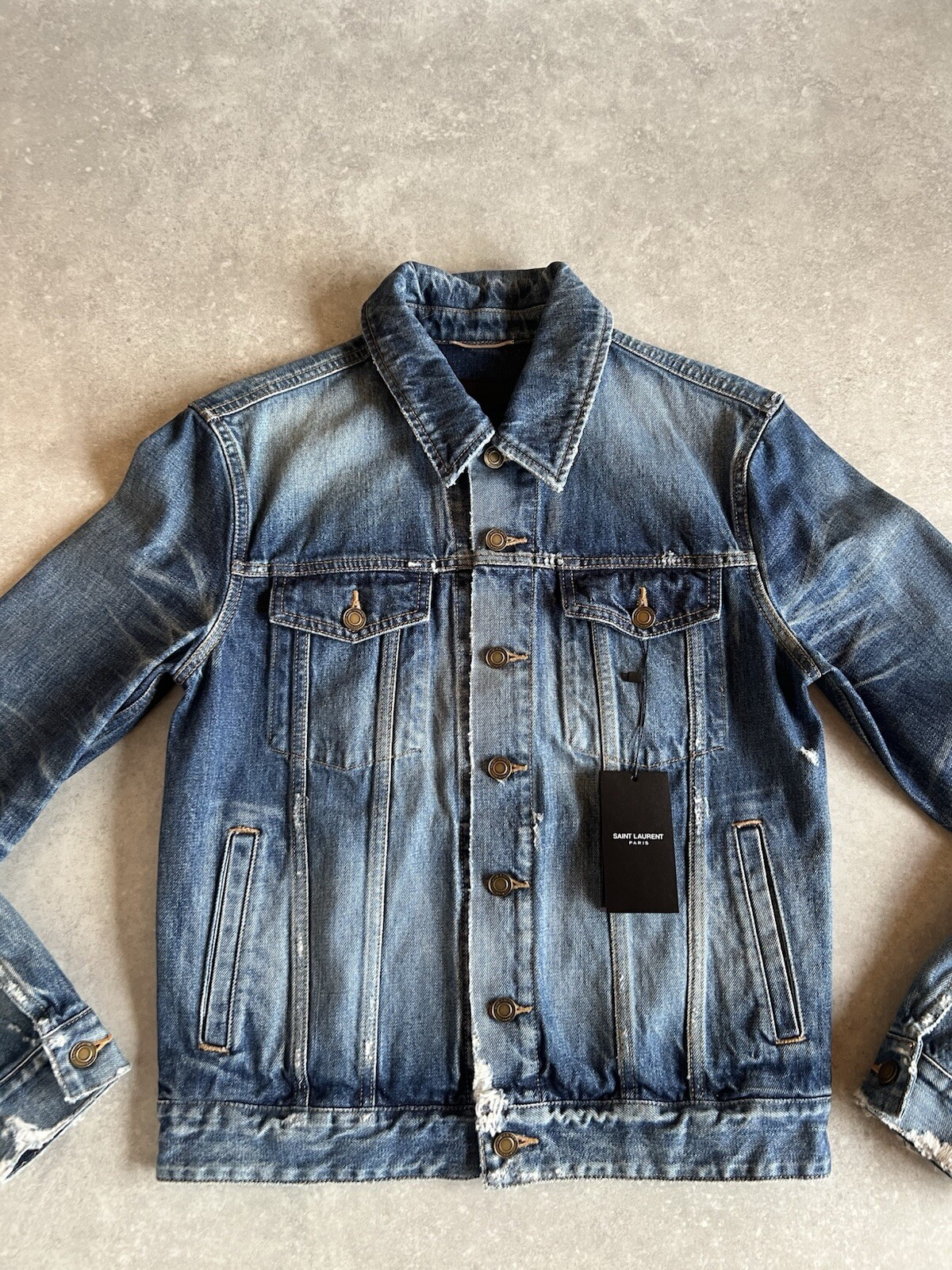 Giacca di jeans Saint Laurent California blu invecchiato taglia small prezzo consigliato £ 725