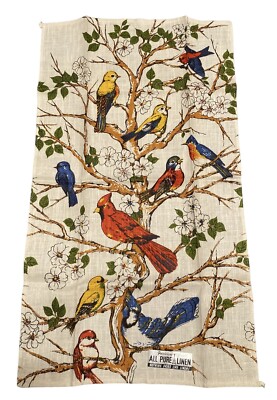 Parisian Prints Linen Kitchen Tea Towel Birds Original Sticker Cardinal Bluebird