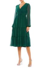 Ieena Mac Duggal Emerald Green Illusion Long Sleeve Tiered Midi Dress 10 $398