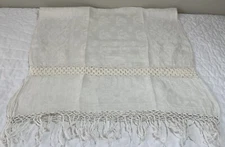 Antique Vintage Show Towel, Antique White, Floral Design, Fringe, As Is