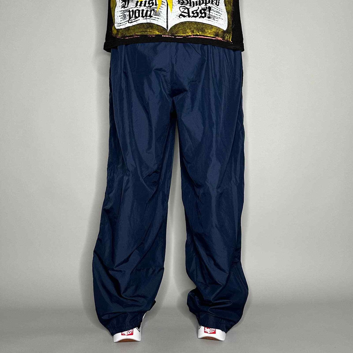 Vintage Nike Track Pants XL Navy Blue Nylon White Swoosh Baggy Silver Tag Y2K